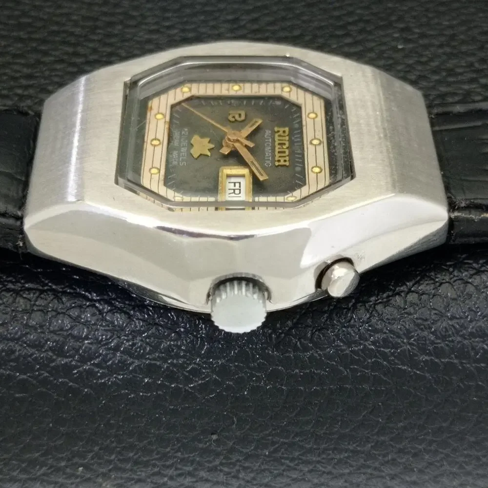 Vintage 1975 Ricoh Automatic Mens Silver Watch W/daydate & Gold accents
